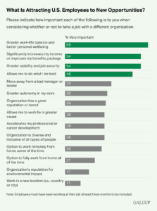 Bar chart highlighting factors attracting U.S. employees to new jobs, with top reasons being better work-life balance (59%), higher pay (54%), stability (54%), and doing what they do best (48%). These insights align with the 6 Strategies to Cultivate a Positive Work Environment. Data by Gallup.