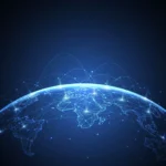 A digital illustration of Earth from space, lit with blue light, showing interconnected nodes and lines representing global communication and networks.