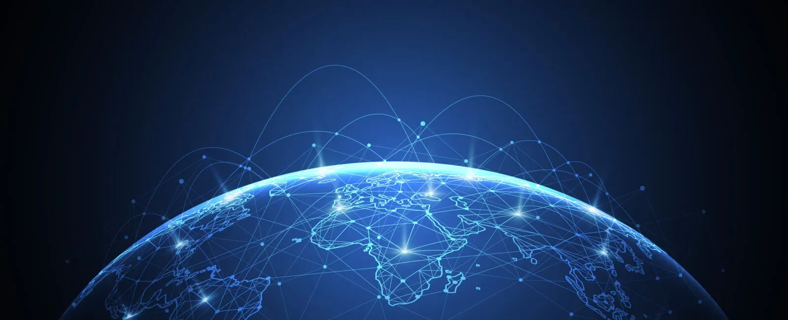 A digital illustration of Earth from space, lit with blue light, showing interconnected nodes and lines representing global communication and networks.