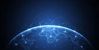 A digital illustration of Earth from space, lit with blue light, showing interconnected nodes and lines representing global communication and networks.