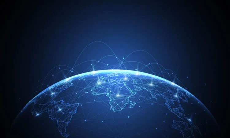 A digital illustration of Earth from space, lit with blue light, showing interconnected nodes and lines representing global communication and networks.