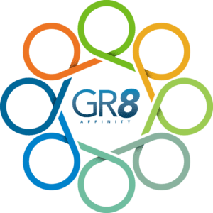 Stylized logo with the text "GR8" encircled by eight interconnected, multicolored loops forming a flower-like pattern.