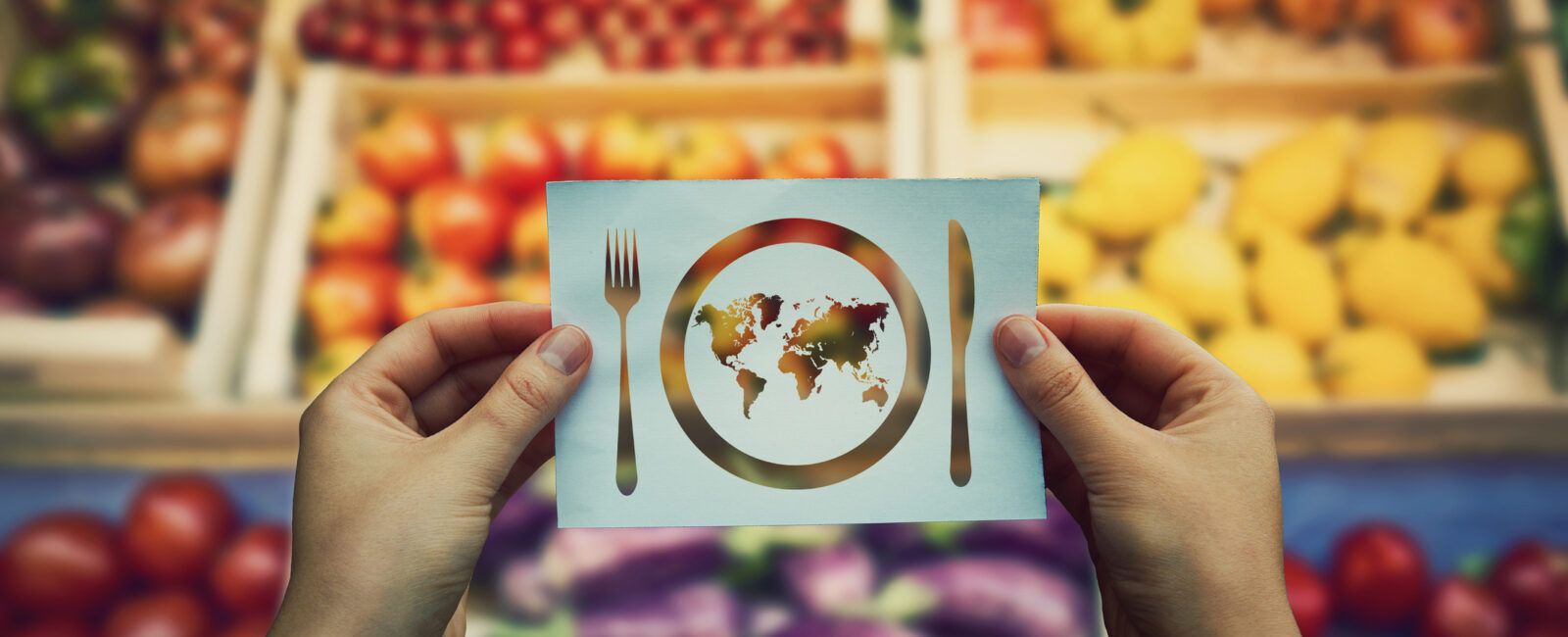 A person holds a card showing a plate with a world map, fork, and knife, with assorted fruits and vegetables blurred in the background.