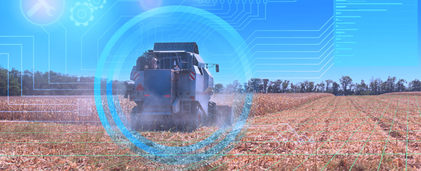 A combine harvester works in a field under a blue sky, with digital graphics and data overlays representing agricultural technology and precision farming.