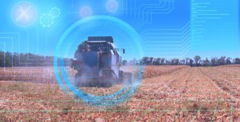 A combine harvester works in a field under a blue sky, with digital graphics and data overlays representing agricultural technology and precision farming.