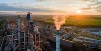 An industrial facility with smoke emitting from a tall chimney, surrounded by fields and a small town under a setting sun.