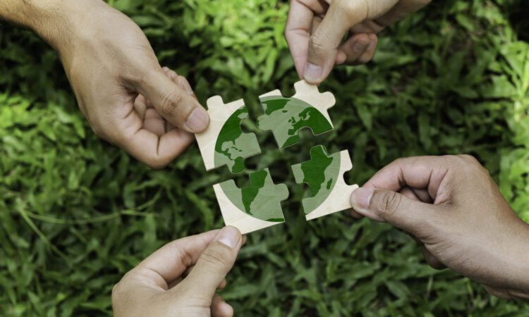 Four hands hold puzzle pieces that form an image of the Earth against a background of green grass.