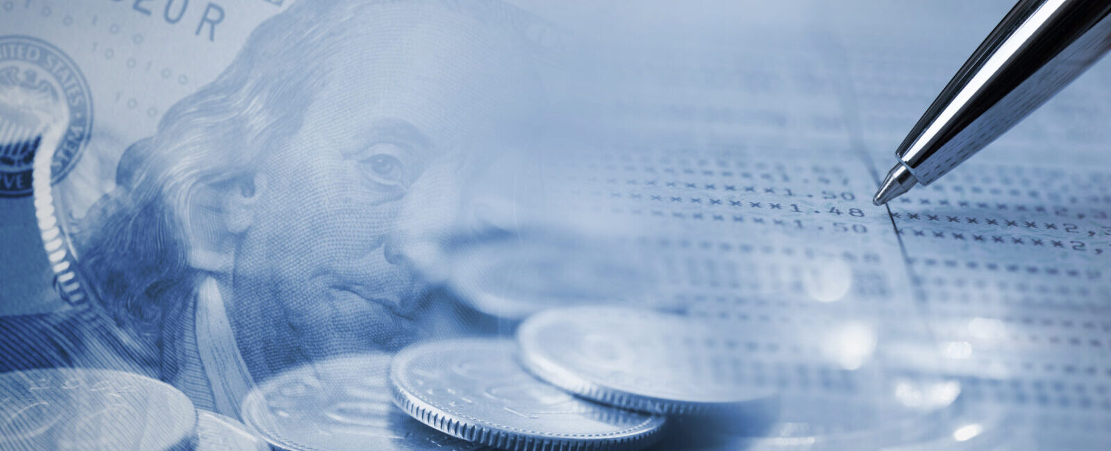 Close-up of a pen, coins, and a dollar bill overlaid with a blurred financial statement, symbolizing money management or financial planning.