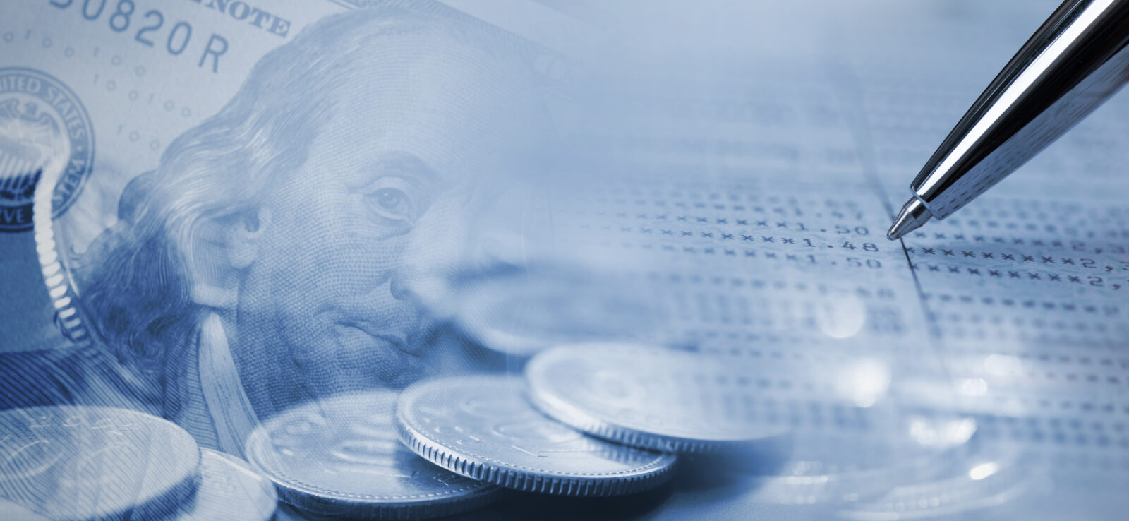 Close-up of a pen, coins, and a dollar bill overlaid with a blurred financial statement, symbolizing money management or financial planning.