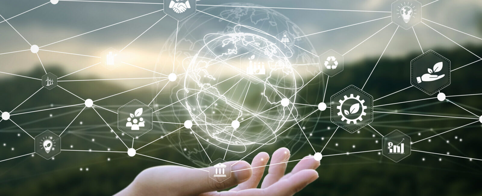 A hand is held up with digital icons and network lines floating above it, representing global connectivity, technology concepts, and the importance of Sustainability Data Management.