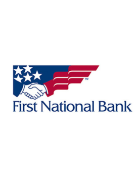 Logo of First National Bank featuring two hands shaking with five white stars and red stripes forming a wing on a blue background above the bank name in blue text.