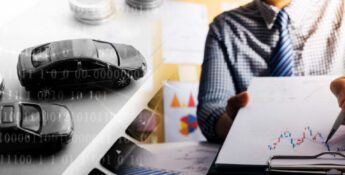 Two toy cars on a surface with binary code overlay, next to a person in business attire writing on a clipboard—highlighting how recent IRS Guidance simplifies auto loan interest reporting under OBBBA, as illustrated by the graphs in the background.