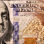 Close-up of a U.S. hundred-dollar bill partially covered by wheat stalks and grains, symbolizing the connection between agriculture and money.