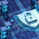 A digital illustration of a padlock on a circuit board, symbolizing cybersecurity and data protection when navigating risk assessment post-CAT.