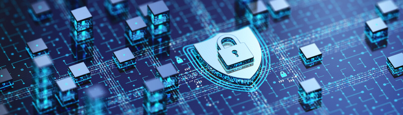 A digital illustration of a padlock on a circuit board, symbolizing cybersecurity and data protection when navigating risk assessment post-CAT.