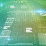 Digital dashboards and data visualizations with graphs, charts, and network diagrams overlaid on a green abstract background with light effects.