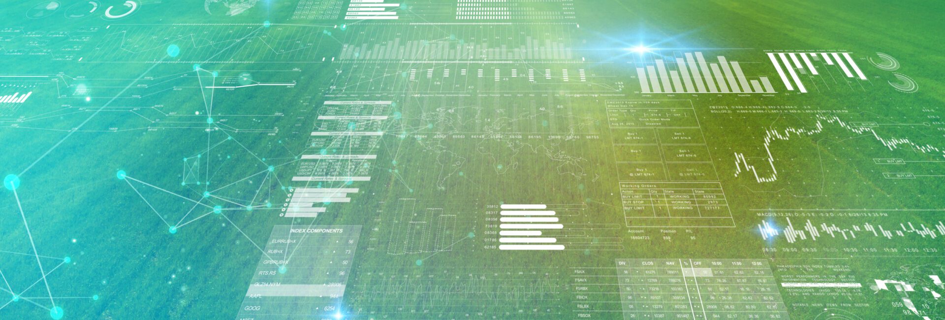 Digital dashboards and data visualizations with graphs, charts, and network diagrams overlaid on a green abstract background with light effects.