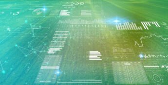 Digital dashboards and data visualizations with graphs, charts, and network diagrams overlaid on a green abstract background with light effects.