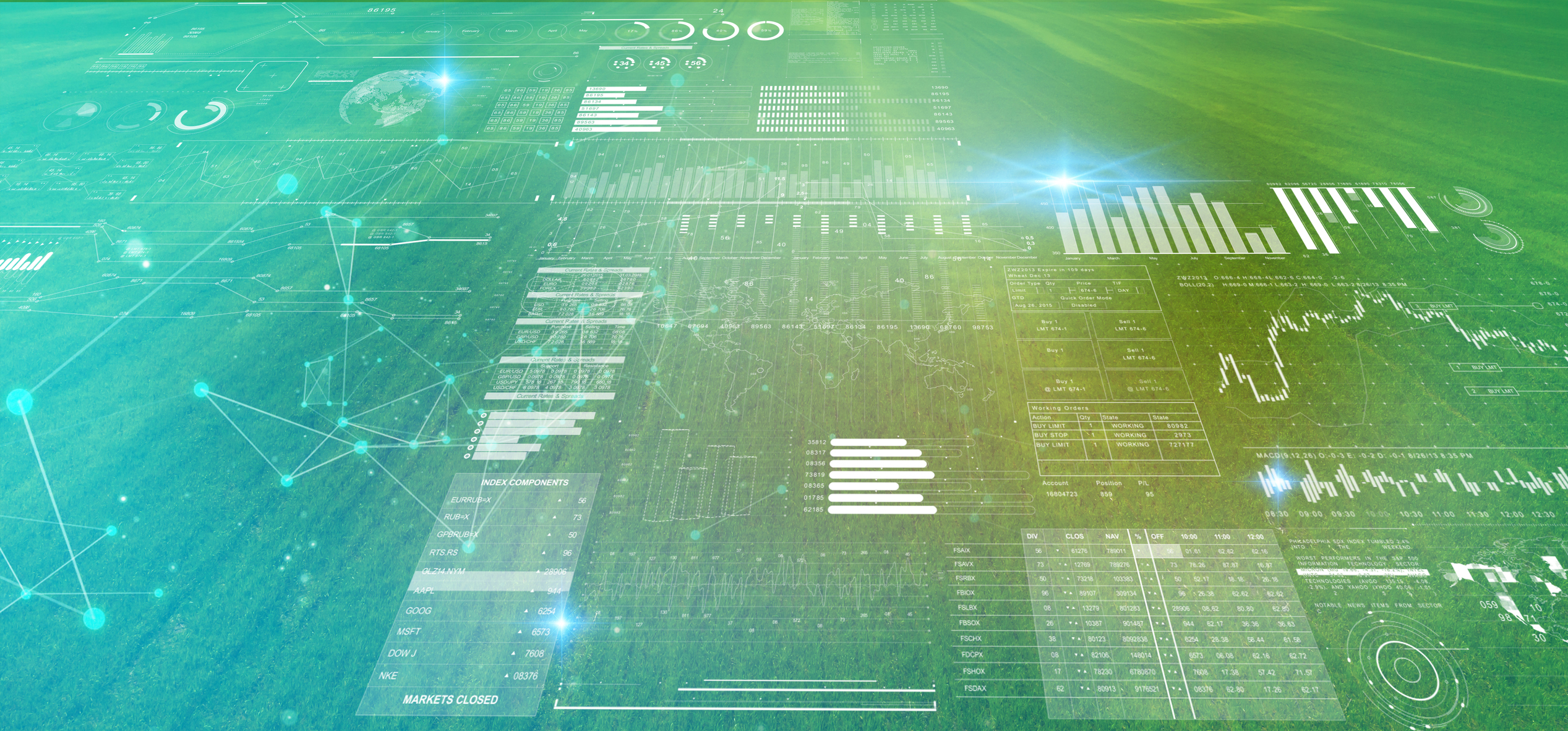 Digital dashboards and data visualizations with graphs, charts, and network diagrams overlaid on a green abstract background with light effects.