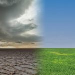 A split landscape illustrating Climate Risk Assessments: a cracked, barren desert beneath cloudy skies on the left contrasts with a lush, green field and clear blue sky on the right.
