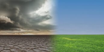 A split landscape illustrating Climate Risk Assessments: a cracked, barren desert beneath cloudy skies on the left contrasts with a lush, green field and clear blue sky on the right.