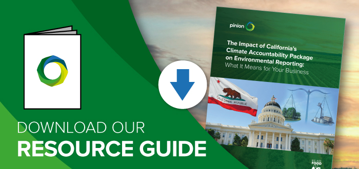 A brochure icon, downward arrow, and a resource guide cover about California climate accountability, with "Download Our Resource Guide" text on a green background.