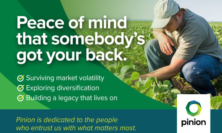 A man in a field examines crops next to text about peace of mind, market volatility, diversification, legacy, and the Pinion company logo.