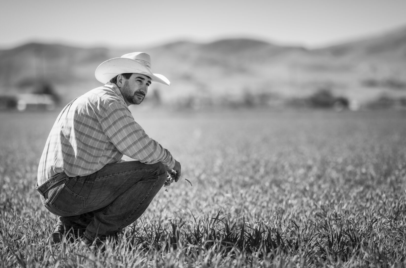 A man in a cowboy hat and plaid shirt squats in a grassy field with mountains behind him, capturing the mental load of agriculture in black and white. For support, reach out to an ag hotline.
