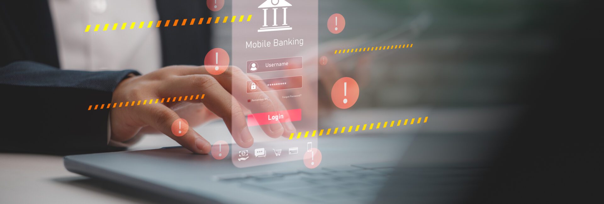 A person uses a laptop with a floating mobile banking login screen and multiple warning symbols, highlighting the importance of strengthening mobile banking defenses against cyber security threats.