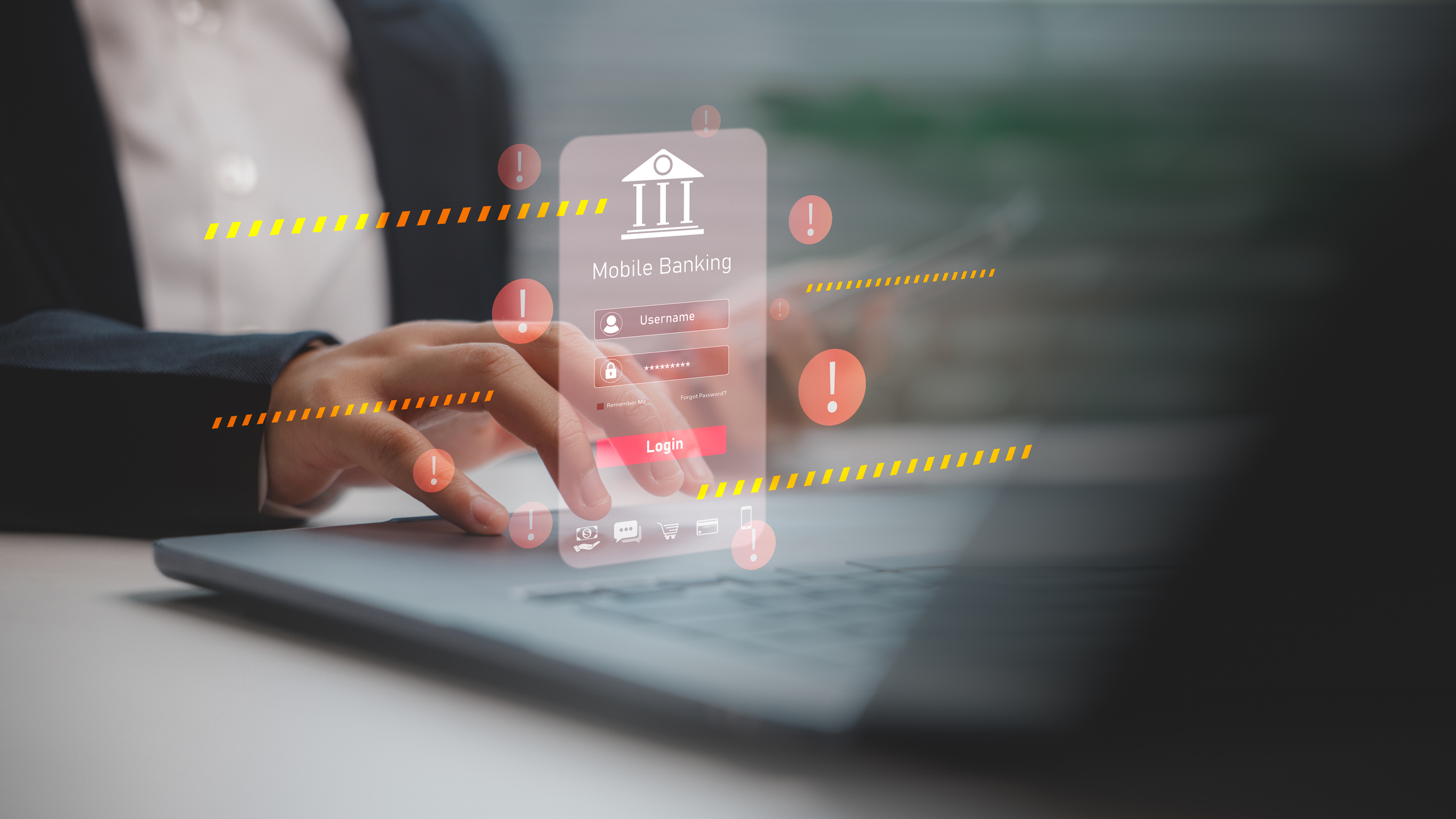 A person uses a laptop with a floating mobile banking login screen and multiple warning symbols, highlighting the importance of strengthening mobile banking defenses against cyber security threats.