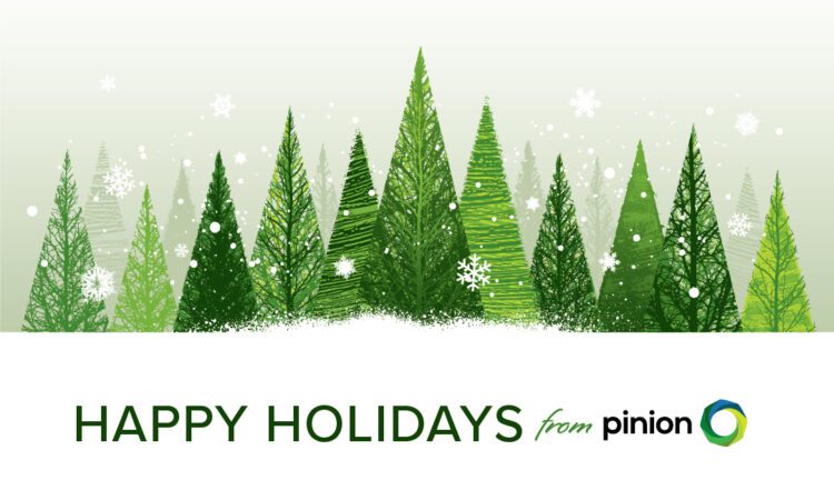 Illustration of green trees with falling snowflakes, displaying the message “Happy Holidays from Pinion” along with the Pinion logo.