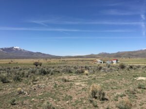 A rural landscape with sparse vegetation, distant snow-capped mountains, and a few small buildings under a clear blue sky—exemplifying Creating Stewardship-Driven Value on Ranches.