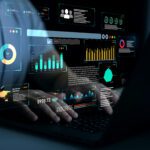 Person using a laptop with digital data dashboards, graphs, and charts projected above the keyboard, representing AI in Sustainability through advanced data analysis and business analytics.
