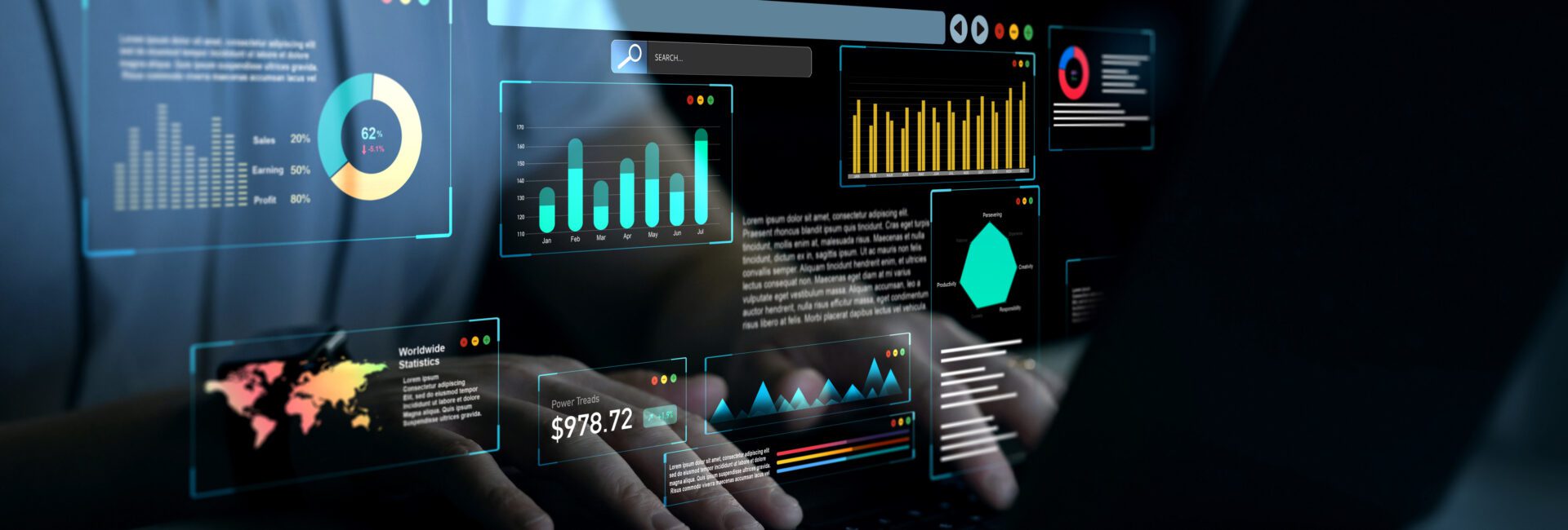 Person using a laptop with digital data dashboards, graphs, and charts projected above the keyboard, representing AI in Sustainability through advanced data analysis and business analytics.