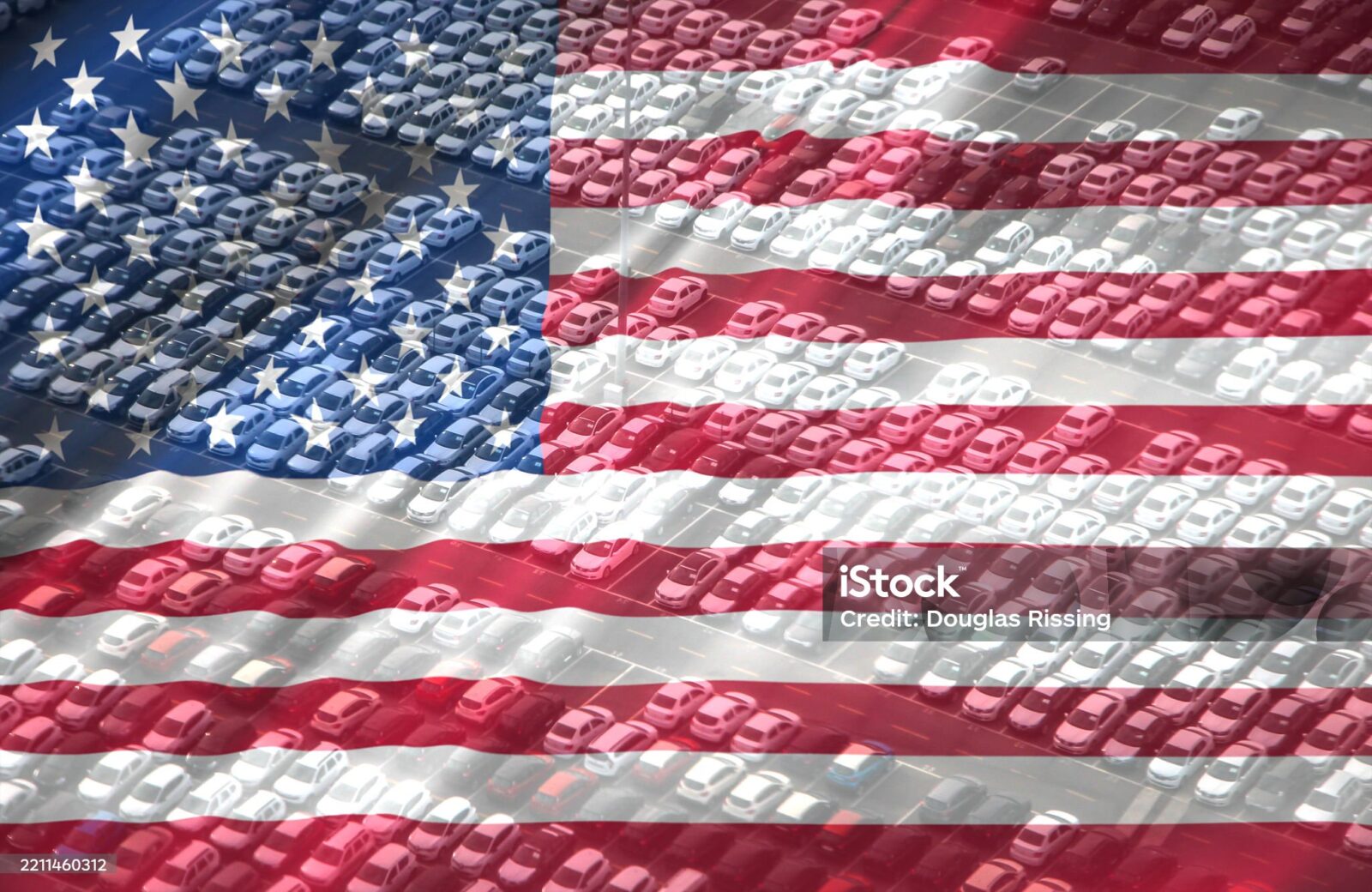 Rows of parked cars in a lot are overlaid with the image of the American flag, symbolizing the US automobile industry and highlighting the importance of Vehicle Loan Interest Reporting.