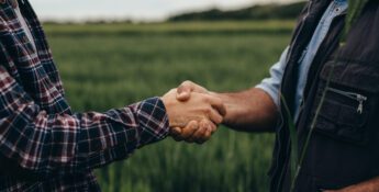 A man and woman from Sustainability Peer Groups shake hands in a field, fostering collaboration for a greener future.