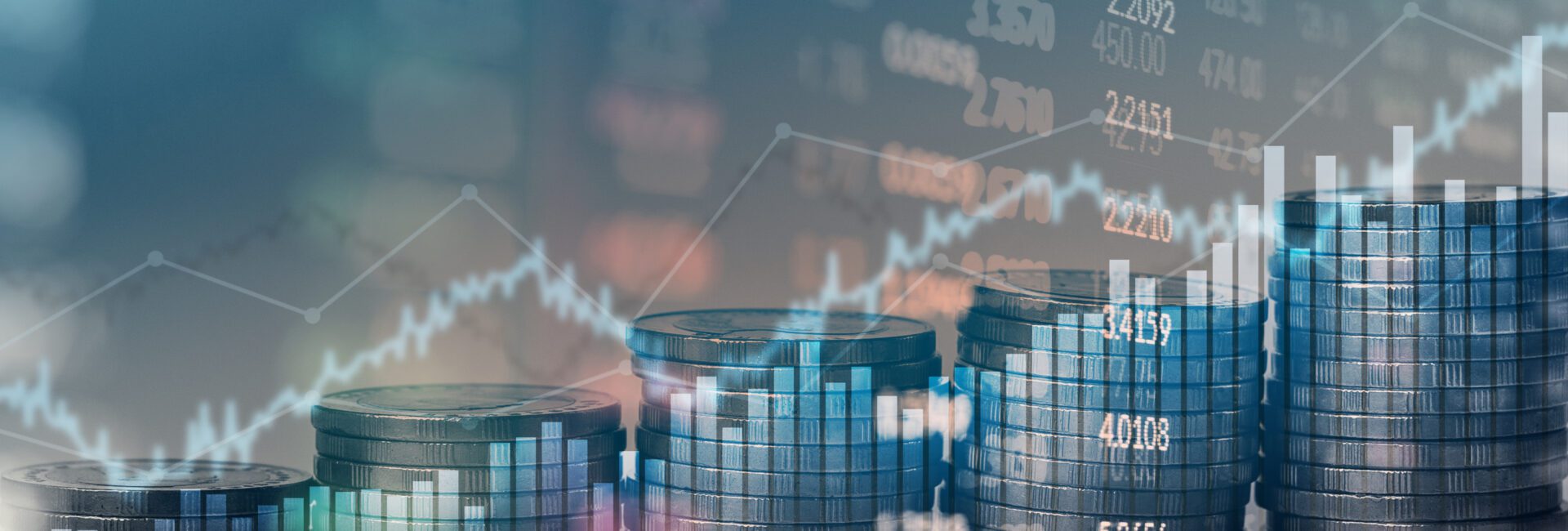 Stacks of coins arranged in ascending order with a transparent overlay of financial graphs and numbers in the background.