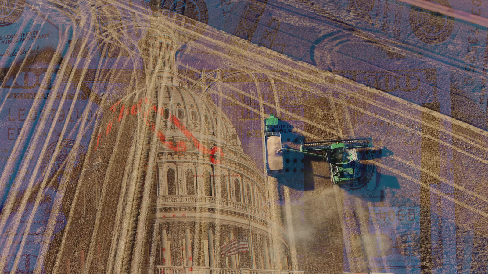 Composite image featuring the U.S. Capitol dome, a field being plowed by a tractor, and the texture of U.S. currency overlaid.