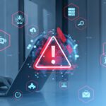 Person typing on a laptop with a large warning symbol on screen, surrounded by digital security and technology icons—highlighting what financial institutions must prioritize for 2026.