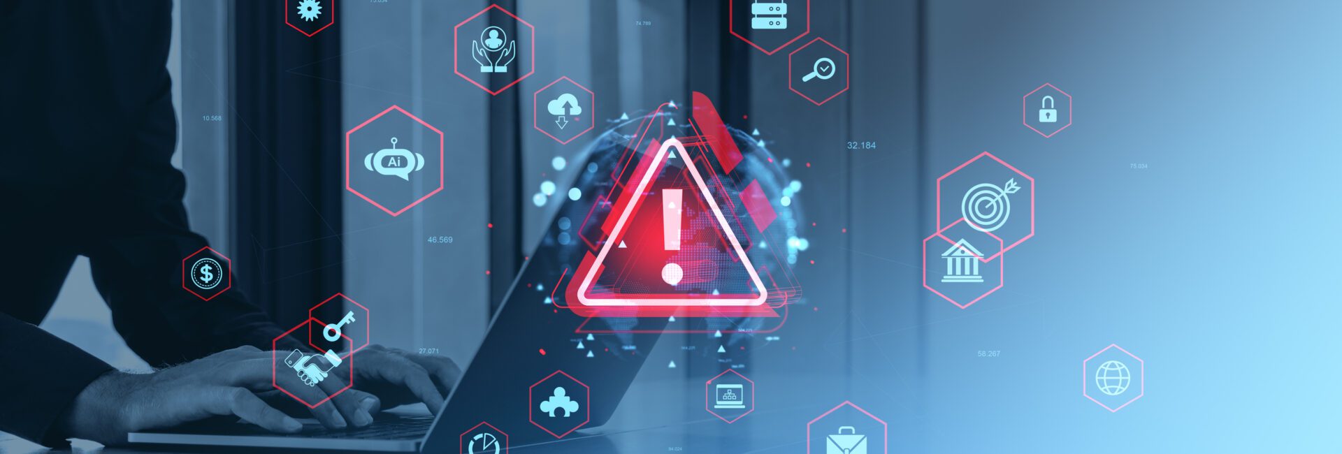 Person typing on a laptop with a large warning symbol on screen, surrounded by digital security and technology icons—highlighting what financial institutions must prioritize for 2026.