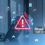 Person typing on a laptop with a large red warning icon and various cybersecurity symbols overlaid, indicating a potential security threat or cyber risk.