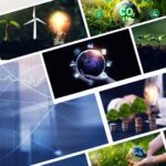 Collage showing hands holding plants, globe, wind turbines, coins, and eco symbols, representing sustainability, renewable energy, and environmental growth.