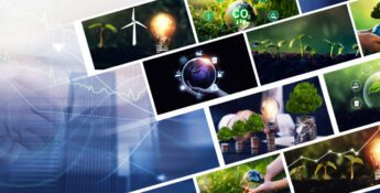 Collage showing hands holding plants, globe, wind turbines, coins, and eco symbols, representing sustainability, renewable energy, and environmental growth.