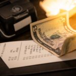 A restaurant bill with a twenty-dollar bill placed on top, next to a payment terminal on a dimly lit table.