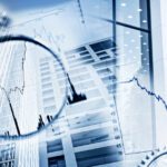 Abstract collage featuring skyscrapers, stock charts, a magnifying glass, and mechanical gears, symbolizing financial analysis and the intersection of business and industry.