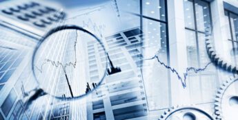 Abstract collage featuring skyscrapers, stock charts, a magnifying glass, and mechanical gears, symbolizing financial analysis and the intersection of business and industry.