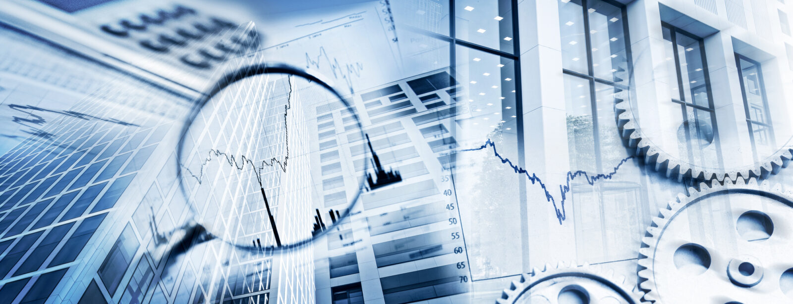 Abstract collage featuring skyscrapers, stock charts, a magnifying glass, and mechanical gears, symbolizing financial analysis and the intersection of business and industry.