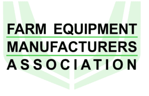 The logo displays the words "FARM EQUIPMENT MANUFACTURERS ASSOCIATION" in bold black letters, with green lines and a stylized background design.