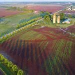 Aerial view of a rural landscape with farmland, green fields, scattered houses, silos, and tree-lined roads under a clear sky.