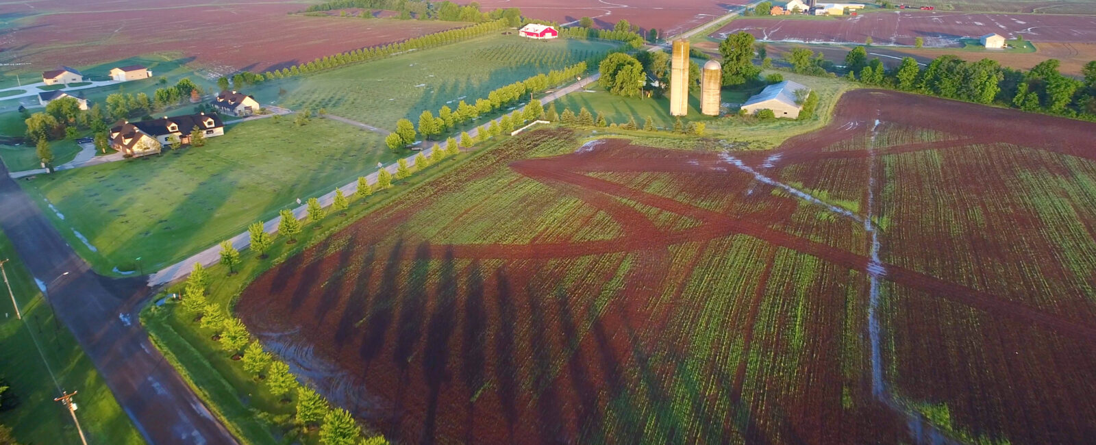 Aerial view of a rural landscape with farmland, green fields, scattered houses, silos, and tree-lined roads under a clear sky.